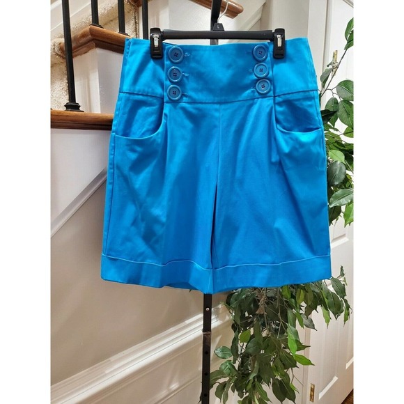 Ashley Stewart Women Solid Blue Cotton Mid Rise Buttons Front Casual Shorts 18W - Picture 1 of 10